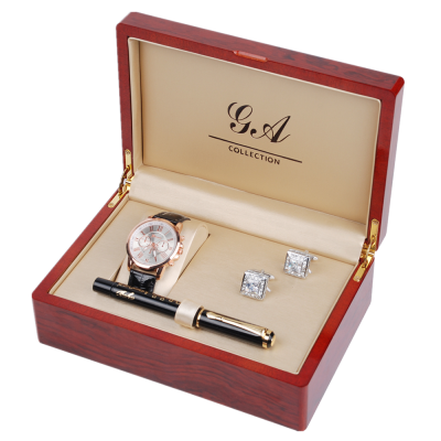 High glossy lacquer finish wooden watch cufflink gift set packaging box with pen